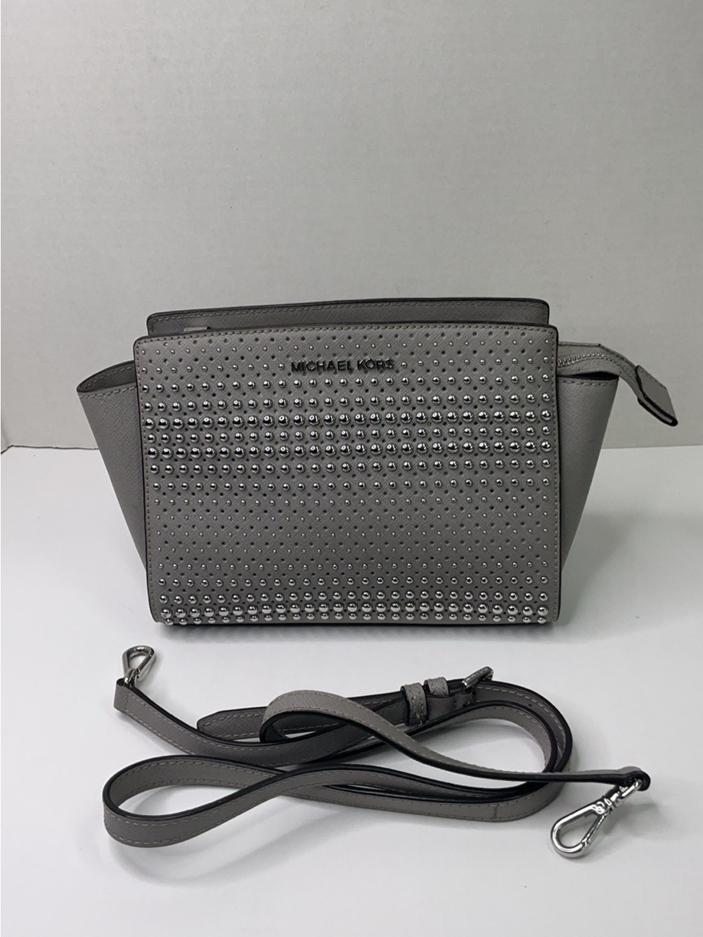 Michael Kors gray Selma Stud Medium Messenger Bag
